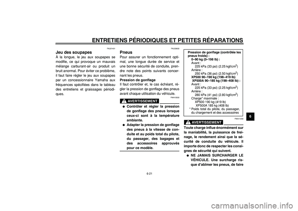 YAMAHA TMAX 2005  Notices Demploi (in French)  
ENTRETIENS PÉRIODIQUES ET PETITES RÉPARATIONS 
6-21 
2
3
4
5
67
8
9
 
FAU21401 
Jeu des soupapes  
À la longue, le jeu aux soupapes se
modifie, ce qui provoque un mauvais
mélange carburant-air o