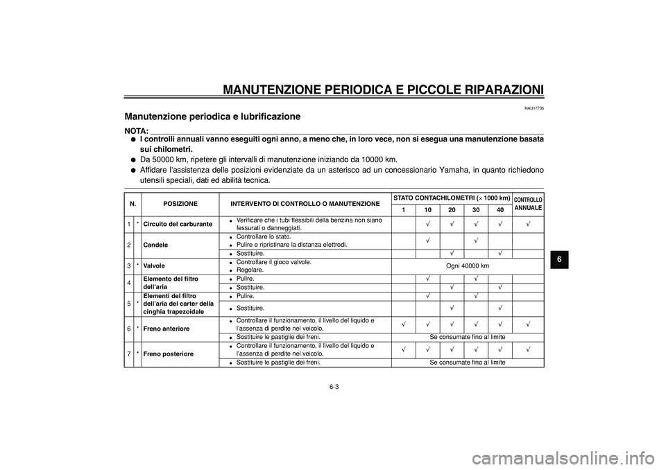 YAMAHA TMAX 2005  Manuale duso (in Italian)  
MANUTENZIONE PERIODICA E PICCOLE RIPARAZIONI
 
6-3 
2
3
4
5
67
8
9
 
HAU17705 
Manutenzione periodica e lubrificazione 
NOTA:
 
 
I controlli annuali vanno eseguiti ogni anno, a meno che, in loro v