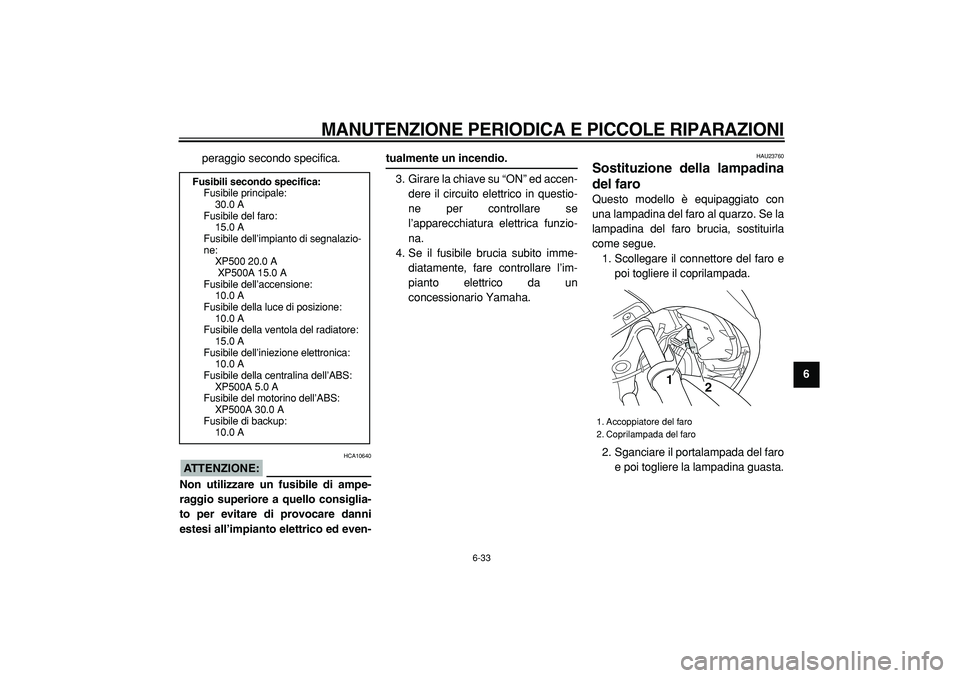 YAMAHA TMAX 2005  Manuale duso (in Italian)  
MANUTENZIONE PERIODICA E PICCOLE RIPARAZIONI
 
6-33 
2
3
4
5
67
8
9  
peraggio secondo specifica.
ATTENZIONE:
 
 HCA10640 
Non utilizzare un fusibile di ampe-
raggio superiore a quello consiglia-
to