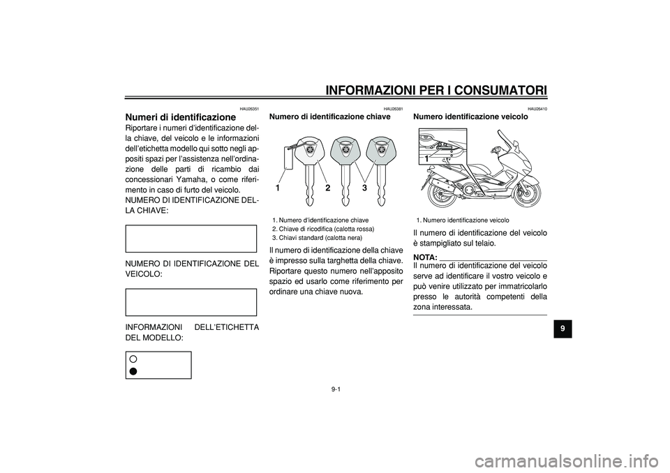 YAMAHA TMAX 2005 Manuale duso (in Italian)
9-1
2
3
4
5
6
7
8
9
INFORMAZIONI PER I CONSUMATORI
HAU26351
Numeri di identificazione
Riportare i numeri d’identificazione del-
la chiave, del veicolo e le informazioni
dell’etichetta mo YAMAHA TMAX 2005 Manuale duso (in Italian)
9-1
2
3
4
5
6
7
8
9
INFORMAZIONI PER I CONSUMATORI
HAU26351
Numeri di identificazione
Riportare i numeri d’identificazione del-
la chiave, del veicolo e le informazioni
dell’etichetta mo