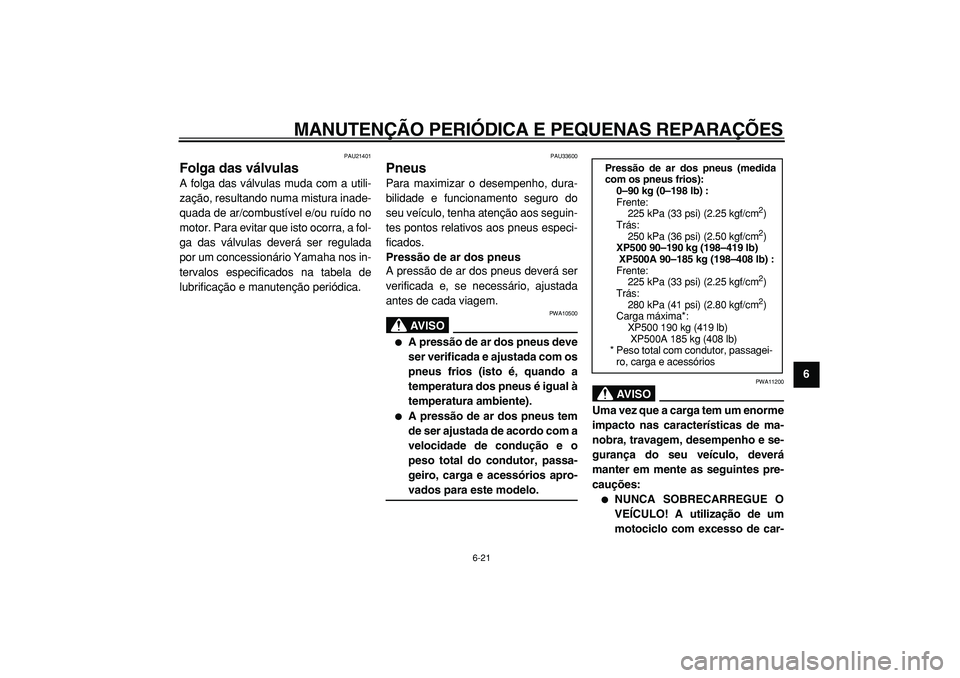 YAMAHA TMAX 2005  Manual de utilização (in Portuguese)  
MANUTENÇÃO PERIÓDICA E PEQUENAS REPARAÇÕES 
6-21 
2
3
4
5
67
8
9
 
PAU21401 
Folga das válvulas  
A folga das válvulas muda com a utili-
zação, resultando numa mistura inade-
quada de ar/co