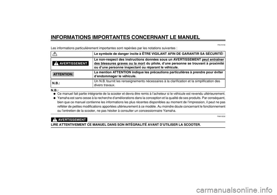 YAMAHA TMAX 2004  Notices Demploi (in French)  
INFORMATIONS IMPORTANTES CONCERNANT LE MANUEL 
FAU10150 
Les informations particulièrement importantes sont repérées par les notations suivantes :
N.B.:
 
 
Ce manuel fait partie intégrante de 