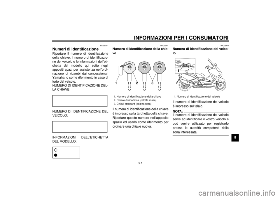 YAMAHA TMAX 2004  Manuale duso (in Italian)  
INFORMAZIONI PER I CONSUMATORI 
9-1 
2
3
4
5
6
7
8
9
 
HAU26351 
Numeri di identificazione  
Riportare il numero di identificazione
della chiave, il numero di identificazio-
ne del veicolo e le info