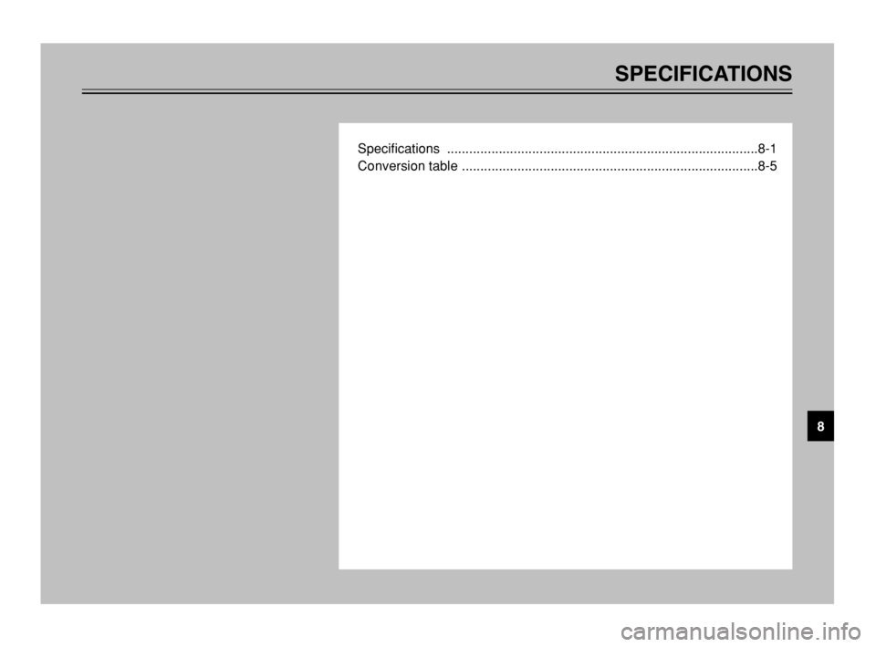 YAMAHA TMAX 2003 Owners Manual SPECIFICATIONS
Specifications ....................................................................................8-1
Conversion table ................................................................. YAMAHA TMAX 2003 Owners Manual SPECIFICATIONS
Specifications ....................................................................................8-1
Conversion table .................................................................