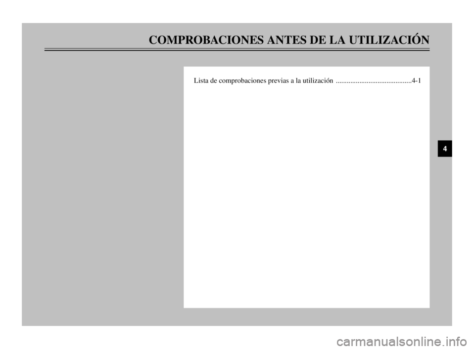 YAMAHA TMAX 2003 Manuale de Empleo (in Spanish) COMPROBACIONES ANTES DE LA UTILIZACIÓN
Lista de comprobaciones previas a la utilización ..........................................4-1
4
5GJ-28199-S2 9/12/02 1:33 PM Page 33 YAMAHA TMAX 2003 Manuale de Empleo (in Spanish) COMPROBACIONES ANTES DE LA UTILIZACIÓN
Lista de comprobaciones previas a la utilización ..........................................4-1
4
5GJ-28199-S2 9/12/02 1:33 PM Page 33