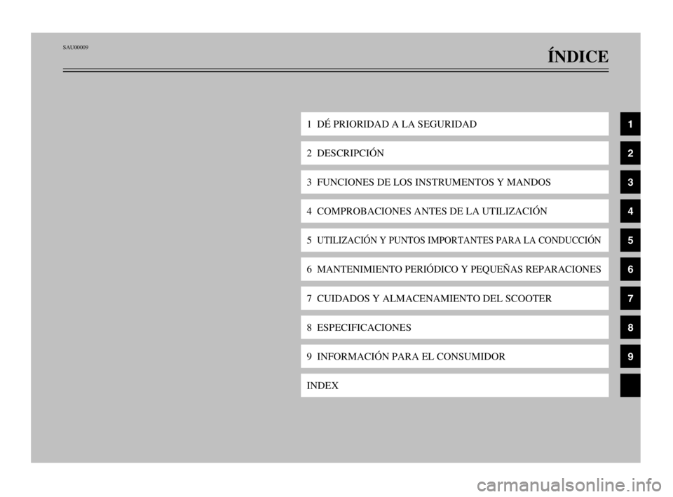 YAMAHA TMAX 2003  Manuale de Empleo (in Spanish) SAU00009
ÍNDICE
1  DÉ PRIORIDAD A LA SEGURIDAD
2  DESCRIPCIÓN
3  FUNCIONES DE LOS INSTRUMENTOS Y MANDOS
4  COMPROBACIONES ANTES DE LA UTILIZACIÓN
5  UTILIZACIÓN Y PUNTOS IMPORTANTES PARA LA CONDU