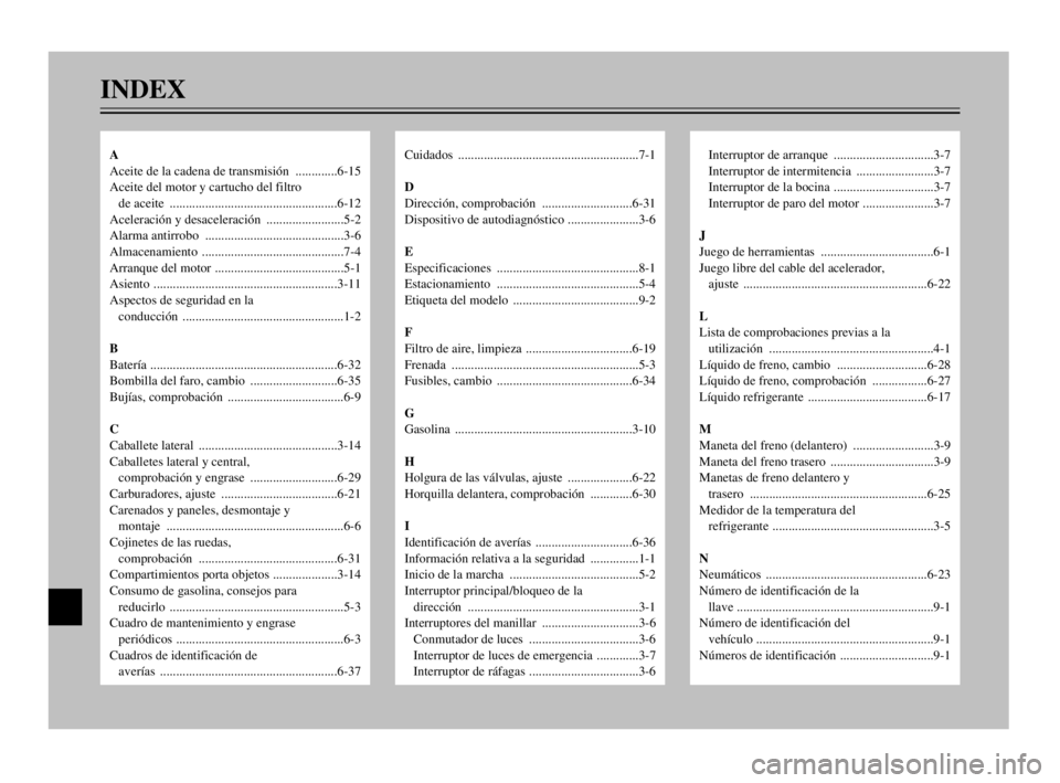 YAMAHA TMAX 2003 Manuale de Empleo (in Spanish) INDEX
Cuidados ........................................................7-1
D
Dirección, comprobación ............................6-31
Dispositivo de autodiagnóstico ......................3-6
E
Espe YAMAHA TMAX 2003 Manuale de Empleo (in Spanish) INDEX
Cuidados ........................................................7-1
D
Dirección, comprobación ............................6-31
Dispositivo de autodiagnóstico ......................3-6
E
Espe