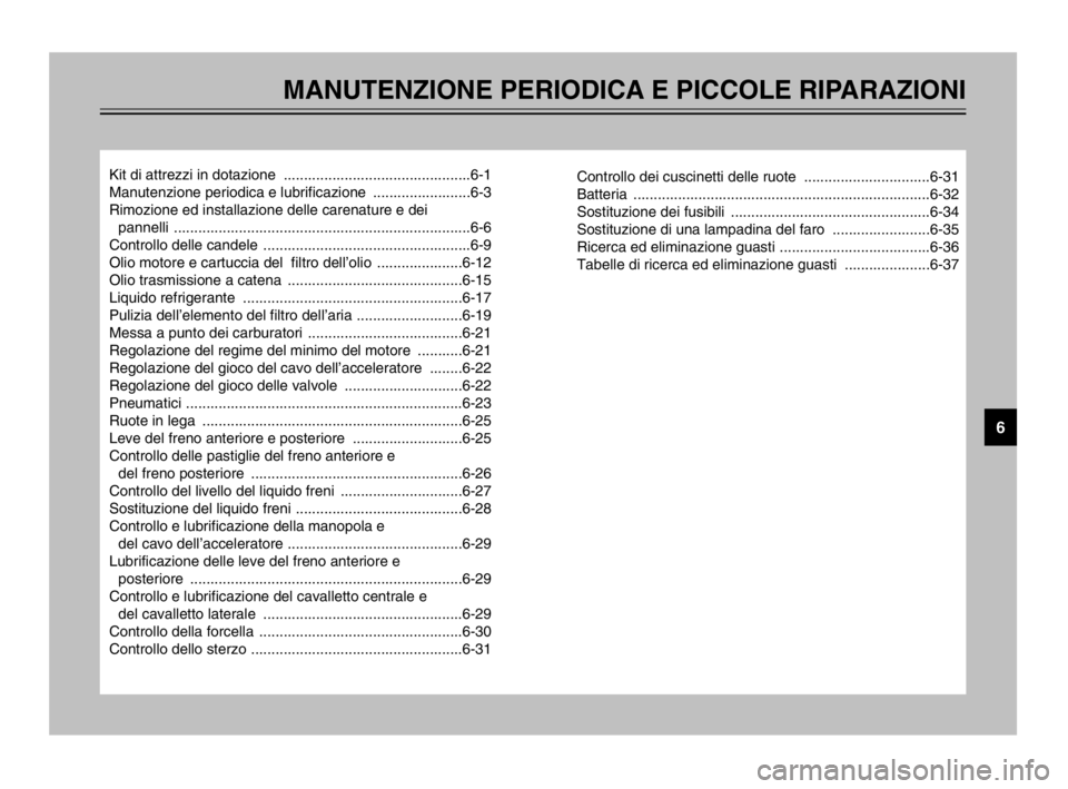YAMAHA TMAX 2003 Manuale duso (in Italian) MANUTENZIONE PERIODICA E PICCOLE RIPARAZIONI
Kit di attrezzi in dotazione ..............................................6-1
Manutenzione periodica e lubrificazione ........................6-3
Rimozi YAMAHA TMAX 2003 Manuale duso (in Italian) MANUTENZIONE PERIODICA E PICCOLE RIPARAZIONI
Kit di attrezzi in dotazione ..............................................6-1
Manutenzione periodica e lubrificazione ........................6-3
Rimozi