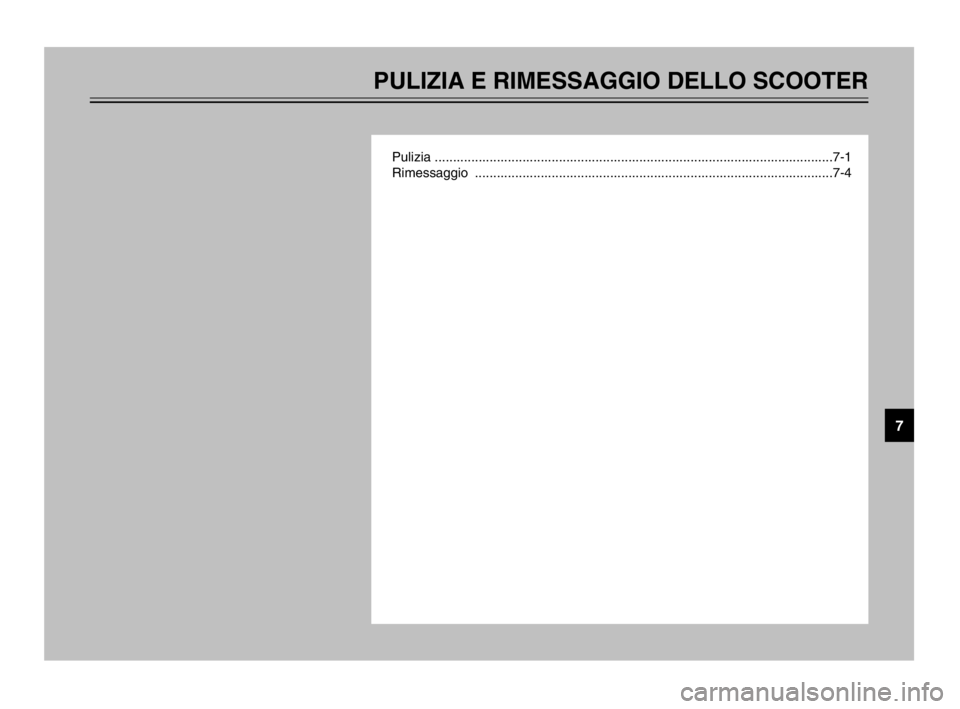 YAMAHA TMAX 2003 Manuale duso (in Italian) PULIZIA E RIMESSAGGIO DELLO SCOOTER
Pulizia .............................................................................................................7-1
Rimessaggio ............................... YAMAHA TMAX 2003 Manuale duso (in Italian) PULIZIA E RIMESSAGGIO DELLO SCOOTER
Pulizia .............................................................................................................7-1
Rimessaggio ...............................