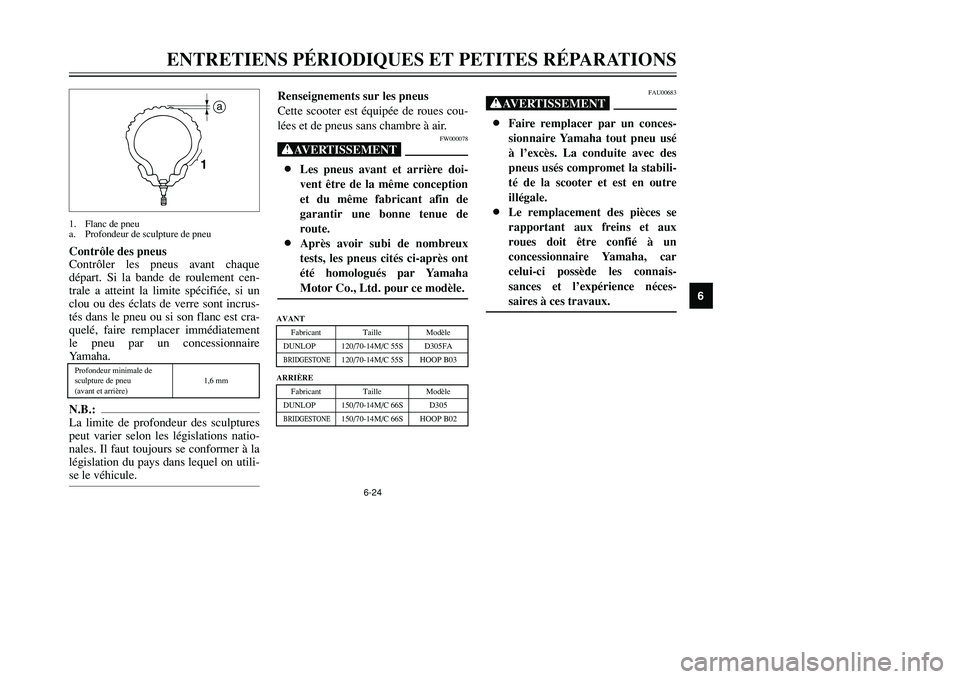 YAMAHA TMAX 2002 Notices Demploi (in French) 6-24
ENTRETIENS PÉRIODIQUES ET PETITES RÉPARATIONS
6
Contrôle des pneus
Contrôler les pneus avant chaque
départ. Si la bande de roulement cen-
trale a atteint la limite spécifiée, si un
clou ou YAMAHA TMAX 2002 Notices Demploi (in French) 6-24
ENTRETIENS PÉRIODIQUES ET PETITES RÉPARATIONS
6
Contrôle des pneus
Contrôler les pneus avant chaque
départ. Si la bande de roulement cen-
trale a atteint la limite spécifiée, si un
clou ou