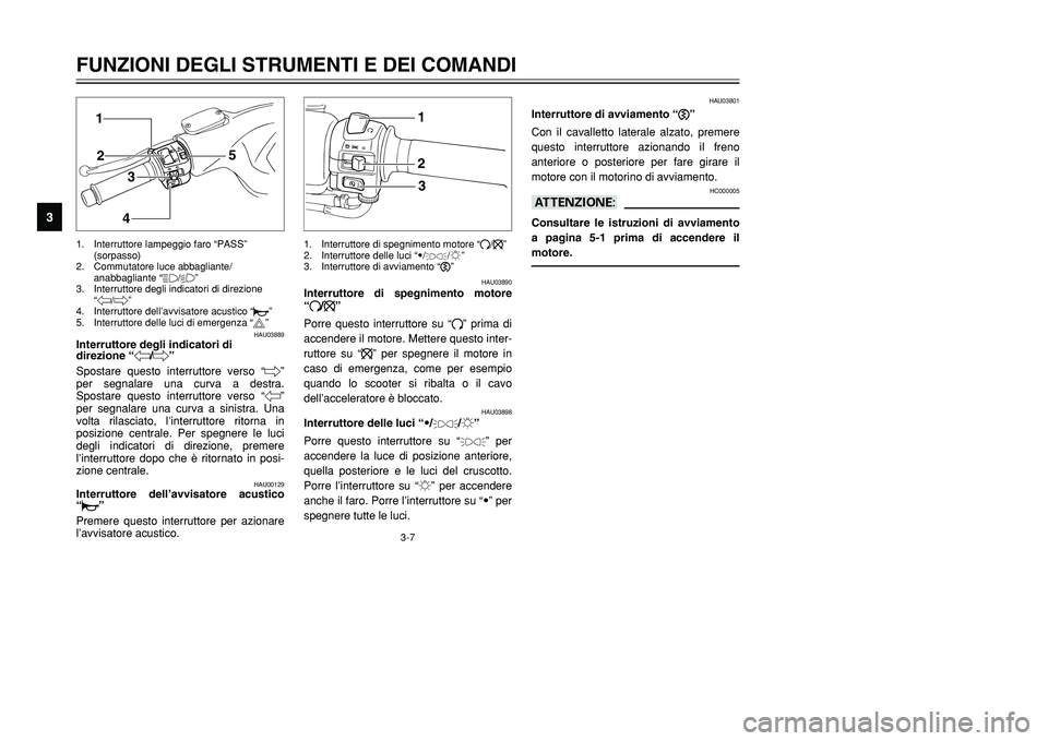 YAMAHA TMAX 2002 Manuale duso (in Italian) 3-7
HAU03889
Interruttore degli indicatori di
direzione “4/6”Interruttore degli indicatori di direzioneSpostare questo interruttore verso “6”
per segnalare una curva a destra.
Spostare questo YAMAHA TMAX 2002 Manuale duso (in Italian) 3-7
HAU03889
Interruttore degli indicatori di
direzione “4/6”Interruttore degli indicatori di direzioneSpostare questo interruttore verso “6”
per segnalare una curva a destra.
Spostare questo