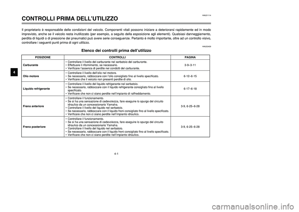 YAMAHA TMAX 2002 Manuale duso (in Italian) 4-1
HAU01114
CONTROLLI PRIMA DELL’UTILIZZO
4
Il proprietario è responsabile delle condizioni del veicolo. Componenti vitali possono iniziare a deteriorarsi rapidamente ed in modo
imprevisto, anche YAMAHA TMAX 2002 Manuale duso (in Italian) 4-1
HAU01114
CONTROLLI PRIMA DELL’UTILIZZO
4
Il proprietario è responsabile delle condizioni del veicolo. Componenti vitali possono iniziare a deteriorarsi rapidamente ed in modo
imprevisto, anche