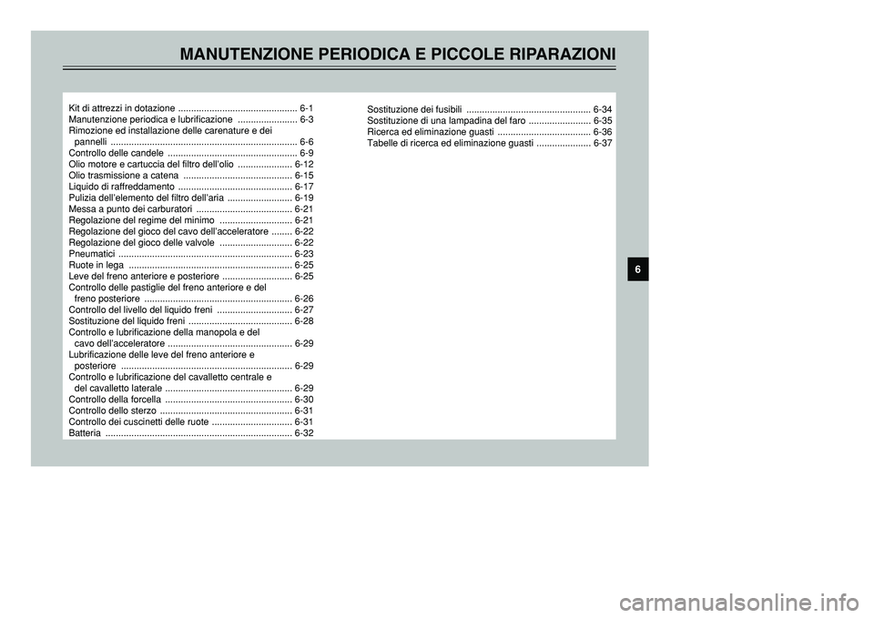 YAMAHA TMAX 2002 Manuale duso (in Italian) MANUTENZIONE PERIODICA E PICCOLE RIPARAZIONI
Kit di attrezzi in dotazione .............................................. 6-1
Manutenzione periodica e lubrificazione ....................... 6-3
Rimozi YAMAHA TMAX 2002 Manuale duso (in Italian) MANUTENZIONE PERIODICA E PICCOLE RIPARAZIONI
Kit di attrezzi in dotazione .............................................. 6-1
Manutenzione periodica e lubrificazione ....................... 6-3
Rimozi