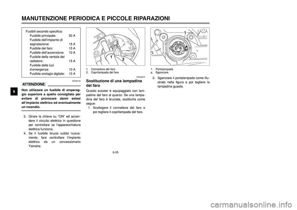 YAMAHA TMAX 2002  Manuale duso (in Italian) 6-35
MANUTENZIONE PERIODICA E PICCOLE RIPARAZIONI
6
HC000103
aANon utilizzare un fusibile di amperag-
gio superiore a quello consigliato per
evitare di provocare danni estesi
all’impianto elettrico 