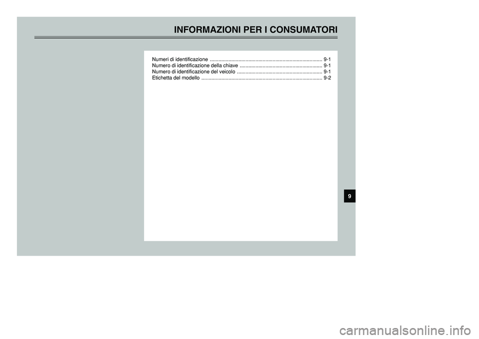 YAMAHA TMAX 2002  Manuale duso (in Italian) INFORMAZIONI PER I CONSUMATORI
Numeri di identificazione  ............................................................................... 9-1
Numero di identificazione della chiave  ..................
