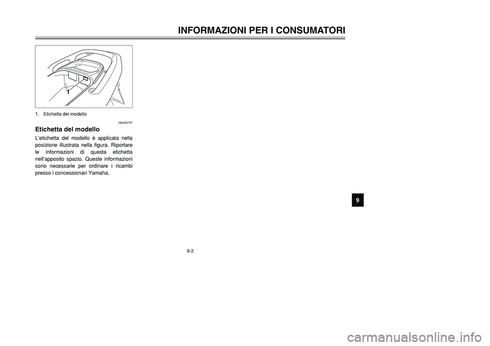 YAMAHA TMAX 2002  Manuale duso (in Italian) 9-2
INFORMAZIONI PER I CONSUMATORI
9
HAU03757
Etichetta del modelloEtichetta del modelloL’etichetta del modello è applicata nella
posizione illustrata nella figura. Riportare
le informazioni di que
