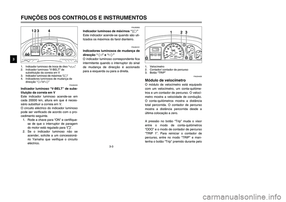 YAMAHA TMAX 2002 Manual de utilização (in Portuguese) 3-3
PAU04424
Indicador luminoso “V-BELT” de subs-
tituição da correia em V
Indicador luminoso de substituição da correia em V
Este indicador luminoso acende-se em
cada 20000 km, altura em que YAMAHA TMAX 2002 Manual de utilização (in Portuguese) 3-3
PAU04424
Indicador luminoso “V-BELT” de subs-
tituição da correia em V
Indicador luminoso de substituição da correia em V
Este indicador luminoso acende-se em
cada 20000 km, altura em que