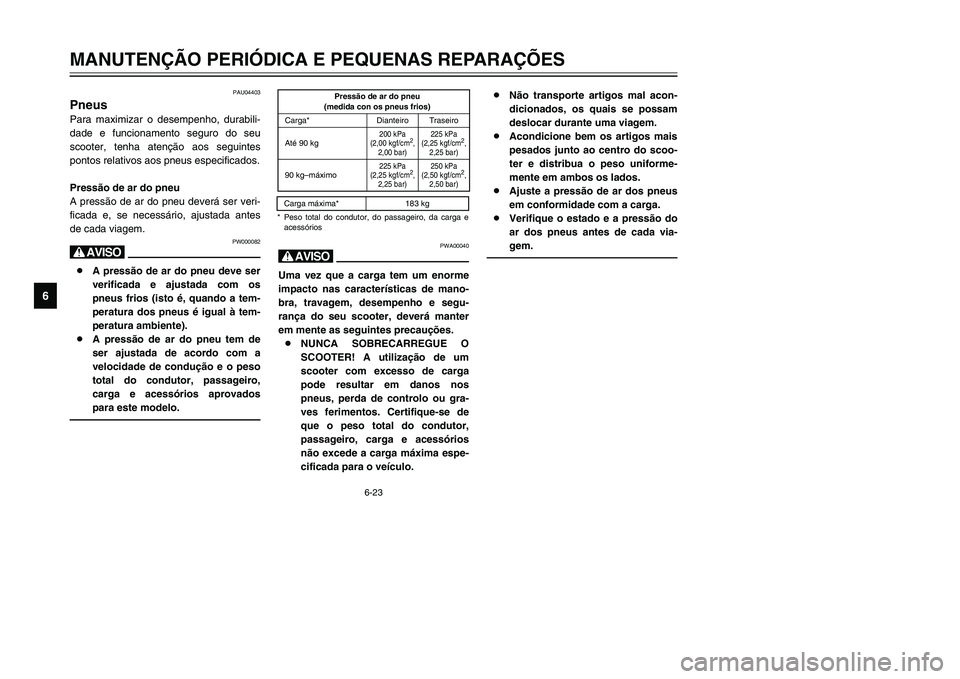 YAMAHA TMAX 2002 Manual de utilização (in Portuguese) 6-23
MANUTENÇÃO PERIÓDICA E PEQUENAS REPARAÇÕES
6
PAU04403
Pneus
Pneus
Para maximizar o desempenho, durabili-
dade e funcionamento seguro do seu
scooter, tenha atenção aos seguintes
pontos rela YAMAHA TMAX 2002 Manual de utilização (in Portuguese) 6-23
MANUTENÇÃO PERIÓDICA E PEQUENAS REPARAÇÕES
6
PAU04403
Pneus
Pneus
Para maximizar o desempenho, durabili-
dade e funcionamento seguro do seu
scooter, tenha atenção aos seguintes
pontos rela