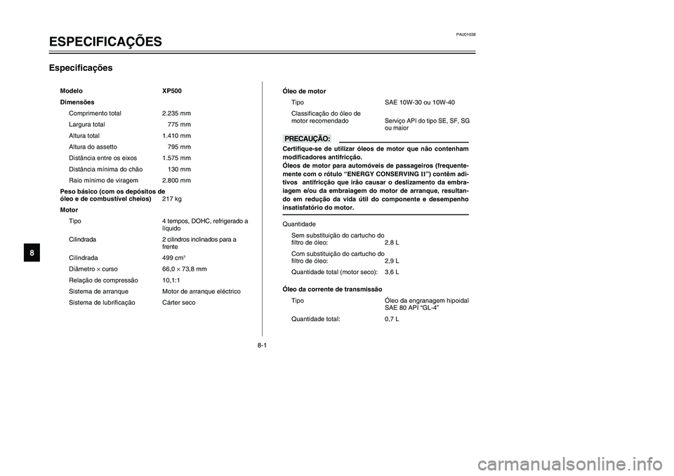 YAMAHA TMAX 2002 Manual de utilização (in Portuguese) 8-1
PAU01038
ESPECIFICAÇÕES
8
Especificações
Especificações
Modelo XP500
Dimensões
Comprimento total 2.235 mm
Largura total 775 mm
Altura total 1.410 mm
Altura do assetto 795 mm
Distância entr YAMAHA TMAX 2002 Manual de utilização (in Portuguese) 8-1
PAU01038
ESPECIFICAÇÕES
8
Especificações
Especificações
Modelo XP500
Dimensões
Comprimento total 2.235 mm
Largura total 775 mm
Altura total 1.410 mm
Altura do assetto 795 mm
Distância entr
