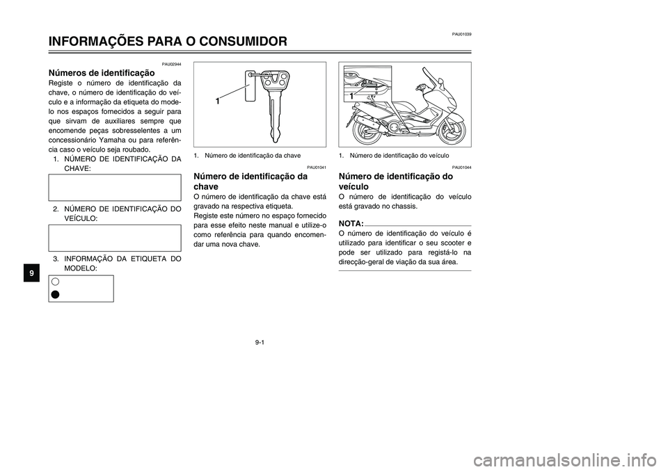 YAMAHA TMAX 2002 Manual de utilização (in Portuguese) 9-1
PAU01039
INFORMAÇÕES PARA O CONSUMIDOR
9
PAU02944
Números de identificação
Números de identificação
Registe o número de identificação da
chave, o número de identificação do veí-
cul YAMAHA TMAX 2002 Manual de utilização (in Portuguese) 9-1
PAU01039
INFORMAÇÕES PARA O CONSUMIDOR
9
PAU02944
Números de identificação
Números de identificação
Registe o número de identificação da
chave, o número de identificação do veí-
cul