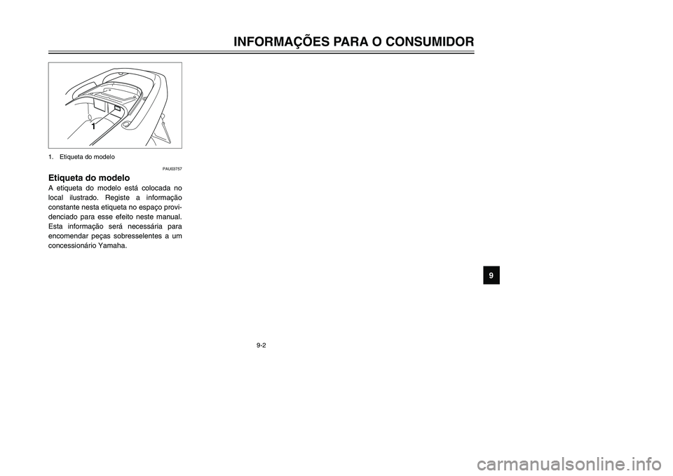 YAMAHA TMAX 2002 Manual de utilização (in Portuguese) 9-2
INFORMAÇÕES PARA O CONSUMIDOR
9
PAU03757
Etiqueta do modelo
Etiqueta do modelo
A etiqueta do modelo está colocada no
local ilustrado. Registe a informação
constante nesta etiqueta no espaço YAMAHA TMAX 2002 Manual de utilização (in Portuguese) 9-2
INFORMAÇÕES PARA O CONSUMIDOR
9
PAU03757
Etiqueta do modelo
Etiqueta do modelo
A etiqueta do modelo está colocada no
local ilustrado. Registe a informação
constante nesta etiqueta no espaço