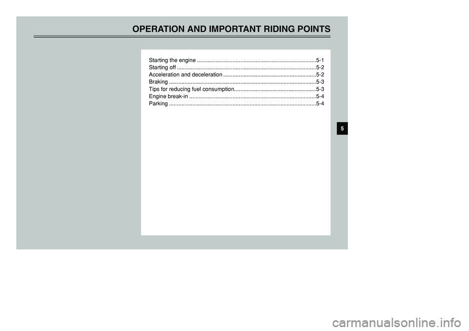 YAMAHA TMAX 2001 Owners Guide OPERATION AND IMPORTANT RIDING POINTS
Starting the engine .............................................................................5-1
Starting off ................................................ YAMAHA TMAX 2001 Owners Guide OPERATION AND IMPORTANT RIDING POINTS
Starting the engine .............................................................................5-1
Starting off ................................................