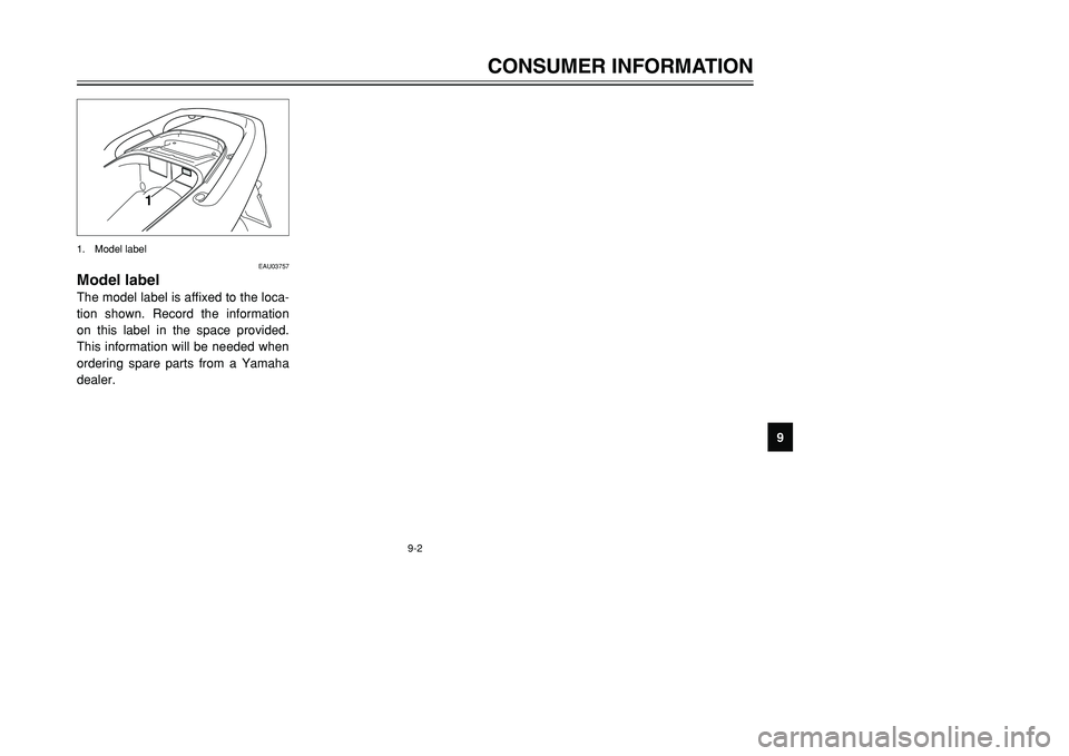 YAMAHA TMAX 2001 Owners Manual 9-2
CONSUMER INFORMATION
1
2
4
5
6
7
89
1
EAU03757
Model labelThe model label is affixed to the loca-
tion shown. Record the information
on this label in the space provided.
This information will be n YAMAHA TMAX 2001 Owners Manual 9-2
CONSUMER INFORMATION
1
2
4
5
6
7
89
1
EAU03757
Model labelThe model label is affixed to the loca-
tion shown. Record the information
on this label in the space provided.
This information will be n