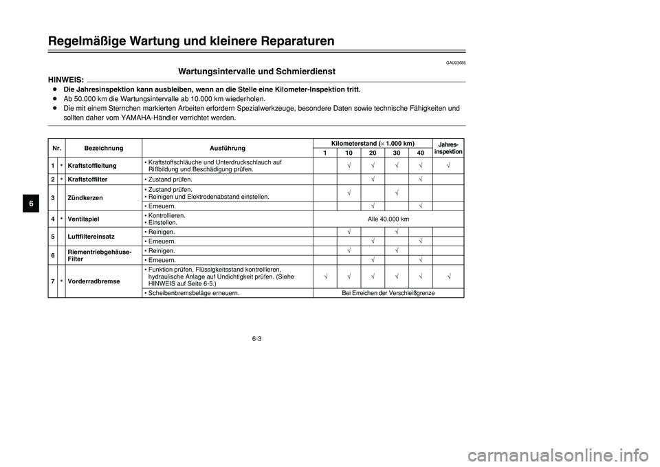 YAMAHA TMAX 2001  Betriebsanleitungen (in German) 6-3
Regelmäßige Wartung und kleinere Reparaturen
1
2
3
4
56
7
8
9
GAU03685
Wartungsintervalle und Schmierdienst
HINWEIS:8Die Jahresinspektion kann ausbleiben, wenn an die Stelle eine Kilometer-Inspe