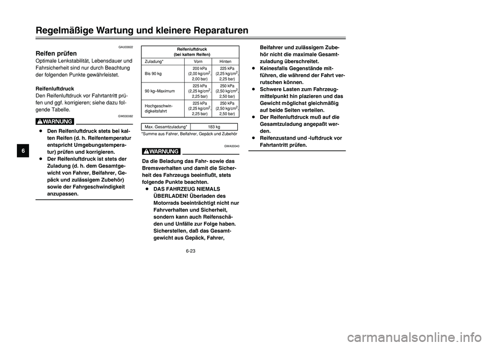 YAMAHA TMAX 2001  Betriebsanleitungen (in German) 6-23
Regelmäßige Wartung und kleinere Reparaturen
1
2
3
4
56
7
8
9
GAU03822
Reifen prüfenOptimale Lenkstabilität, Lebensdauer und
Fahrsicherheit sind nur durch Beachtung
der folgenden Punkte gewä