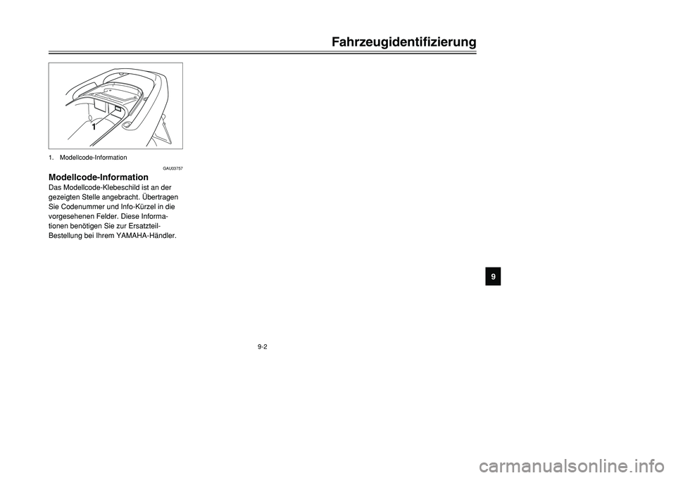 YAMAHA TMAX 2001  Betriebsanleitungen (in German) 9-2
Fahrzeugidentifizierung
1
2
4
5
6
7
89
1
GAU03757
Modellcode-InformationDas Modellcode-Klebeschild ist an der
gezeigten Stelle angebracht. Übertragen
Sie Codenummer und Info-Kürzel in die
vorges