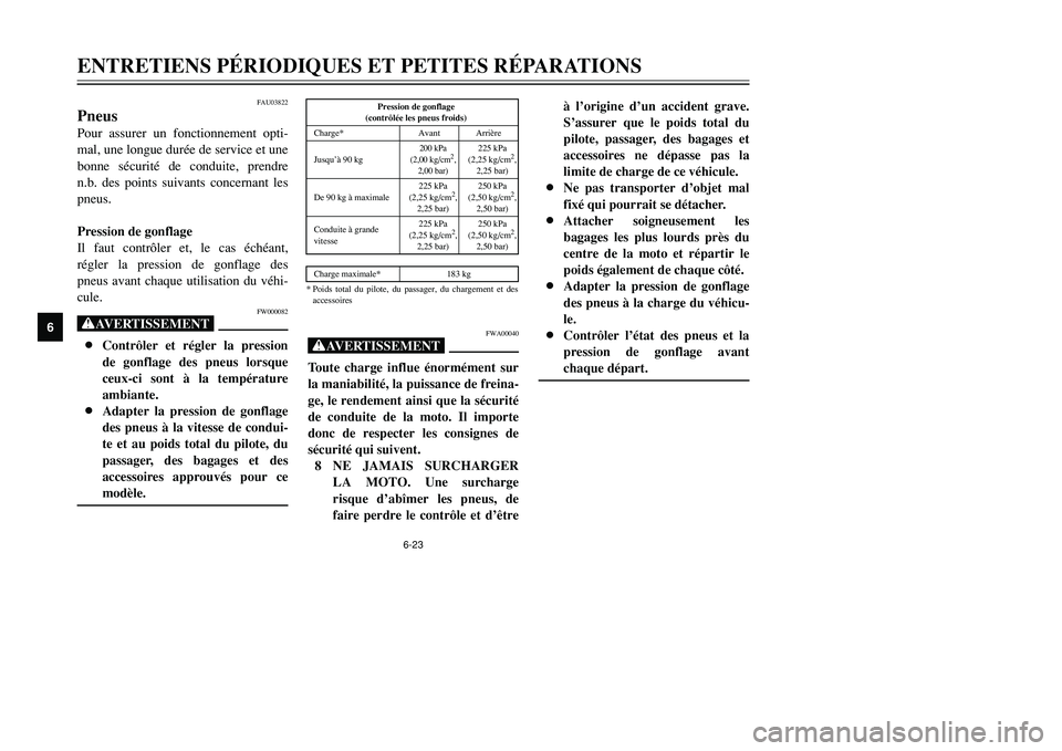 YAMAHA TMAX 2001  Notices Demploi (in French) 6-23
ENTRETIENS PÉRIODIQUES ET PETITES RÉPARATIONS
1
2
3
4
56
7
8
9
FAU03822
PneusPour assurer un fonctionnement opti-
mal, une longue durée de service et une
bonne sécurité de conduite, prendre
