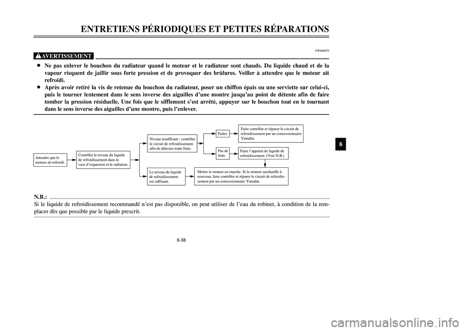 YAMAHA TMAX 2001 Notices Demploi (in French) 6-38
ENTRETIENS PÉRIODIQUES ET PETITES RÉPARATIONS
1
2
3
4
56
7
8
9
FW000070
XG8Ne pas enlever le bouchon du radiateur quand le moteur et le radiateur sont chauds. Du liquide chaud et de la
vapeur r YAMAHA TMAX 2001 Notices Demploi (in French) 6-38
ENTRETIENS PÉRIODIQUES ET PETITES RÉPARATIONS
1
2
3
4
56
7
8
9
FW000070
XG8Ne pas enlever le bouchon du radiateur quand le moteur et le radiateur sont chauds. Du liquide chaud et de la
vapeur r