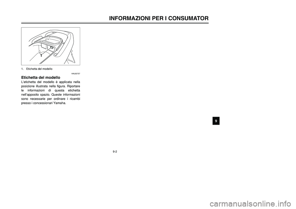 YAMAHA TMAX 2001 Manuale duso (in Italian) 9-2
INFORMAZIONI PER I CONSUMATOR
1
2
4
5
6
7
89
1
HAU03757
Etichetta del modelloL’etichetta del modello è applicata nella
posizione illustrata nella figura. Riportare
le informazioni di questa eti YAMAHA TMAX 2001 Manuale duso (in Italian) 9-2
INFORMAZIONI PER I CONSUMATOR
1
2
4
5
6
7
89
1
HAU03757
Etichetta del modelloL’etichetta del modello è applicata nella
posizione illustrata nella figura. Riportare
le informazioni di questa eti