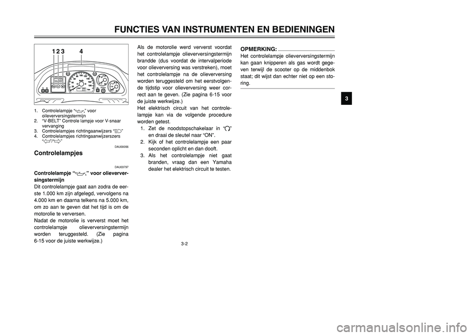 YAMAHA TMAX 2001 Instructieboekje (in Dutch) 3-2
123
4
DAU00056
Controlelampjes
DAU03797
Controlelampje “
7
” voor olieverver-
singstermijn
Dit controlelampje gaat aan zodra de eer-
ste 1.000 km zijn afgelegd, vervolgens na
4.000 km en daarn YAMAHA TMAX 2001 Instructieboekje (in Dutch) 3-2
123
4
DAU00056
Controlelampjes
DAU03797
Controlelampje “
7
” voor olieverver-
singstermijn
Dit controlelampje gaat aan zodra de eer-
ste 1.000 km zijn afgelegd, vervolgens na
4.000 km en daarn