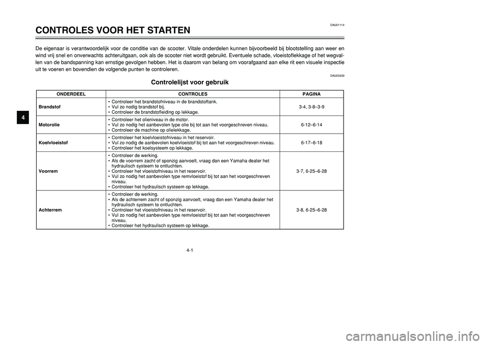YAMAHA TMAX 2001 Instructieboekje (in Dutch) 4-1
DAU01114
CONTROLES VOOR HET STARTEN
1
2
34
5
6
7
8
9
De eigenaar is verantwoordelijk voor de conditie van de scooter. Vitale onderdelen kunnen bijvoorbeeld bij blootstelling aan weer en
wind vrij YAMAHA TMAX 2001 Instructieboekje (in Dutch) 4-1
DAU01114
CONTROLES VOOR HET STARTEN
1
2
34
5
6
7
8
9
De eigenaar is verantwoordelijk voor de conditie van de scooter. Vitale onderdelen kunnen bijvoorbeeld bij blootstelling aan weer en
wind vrij
