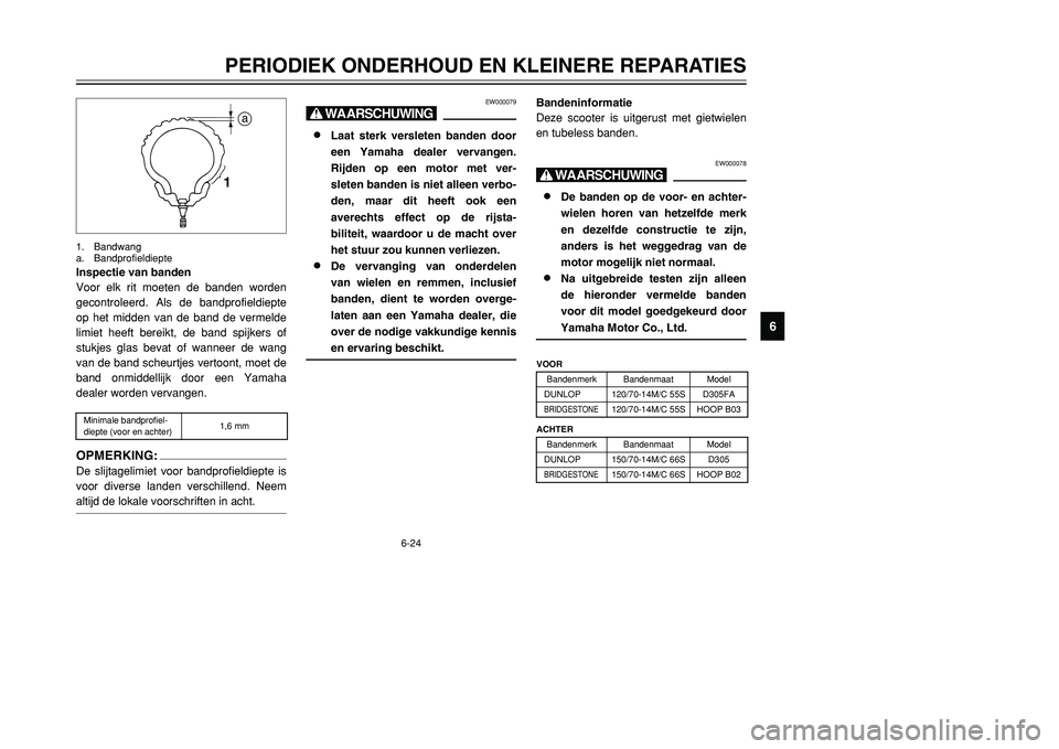 YAMAHA TMAX 2001 Instructieboekje (in Dutch) 6-24
PERIODIEK ONDERHOUD EN KLEINERE REPARATIES
1
2
3
4
56
7
8
9
1a
Inspectie van banden
Voor elk rit moeten de banden worden
gecontroleerd. Als de bandprofieldiepte
op het midden van de band de verme YAMAHA TMAX 2001 Instructieboekje (in Dutch) 6-24
PERIODIEK ONDERHOUD EN KLEINERE REPARATIES
1
2
3
4
56
7
8
9
1a
Inspectie van banden
Voor elk rit moeten de banden worden
gecontroleerd. Als de bandprofieldiepte
op het midden van de band de verme