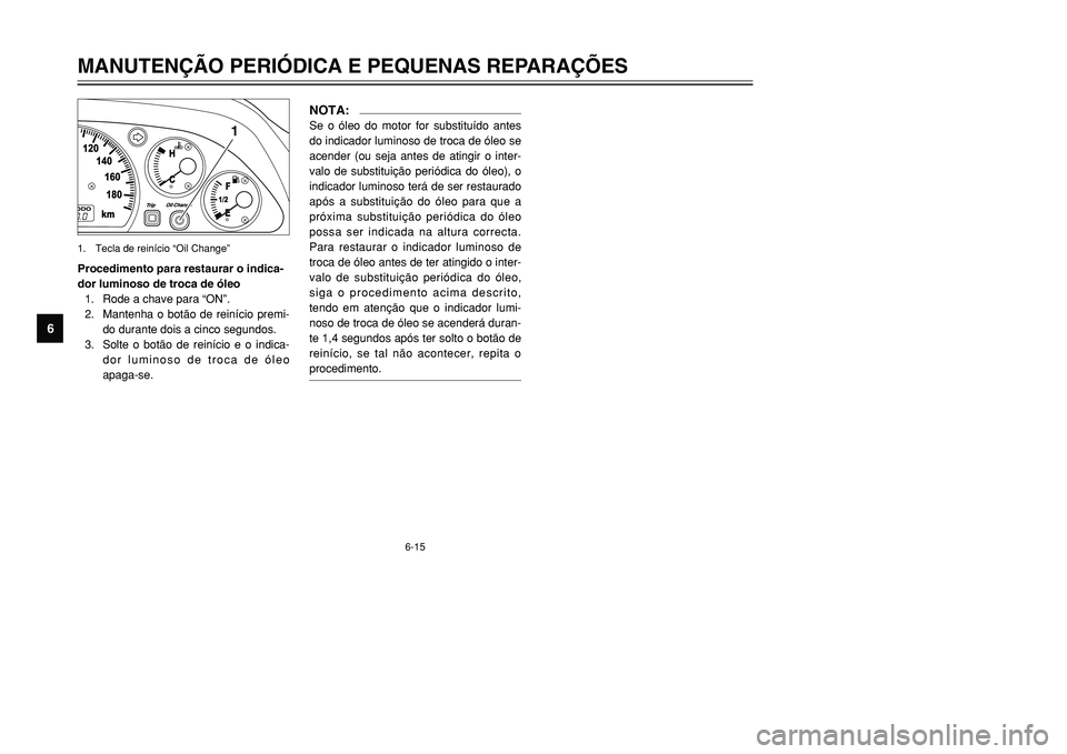 YAMAHA TMAX 2001 Manual de utilização (in Portuguese) 6-15
1
Procedimento para restaurar o indica-
dor luminoso de troca de óleo
1. Rode a chave para “ON”.
2. Mantenha o botão de reinício premi-
do durante dois a cinco segundos.
3. Solte o botão YAMAHA TMAX 2001 Manual de utilização (in Portuguese) 6-15
1
Procedimento para restaurar o indica-
dor luminoso de troca de óleo
1. Rode a chave para “ON”.
2. Mantenha o botão de reinício premi-
do durante dois a cinco segundos.
3. Solte o botão