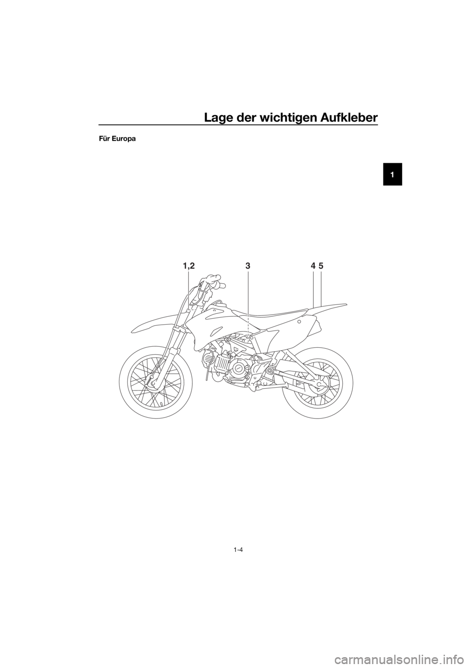 YAMAHA TT-R110E 2022  Betriebsanleitungen (in German) Lage  der wichti gen Aufkle ber
1-4
1
Für Europa
4
1,253
UBMA80G0.book  Page 4  Wednesd ay, October 20, 2021  9:52 AM 