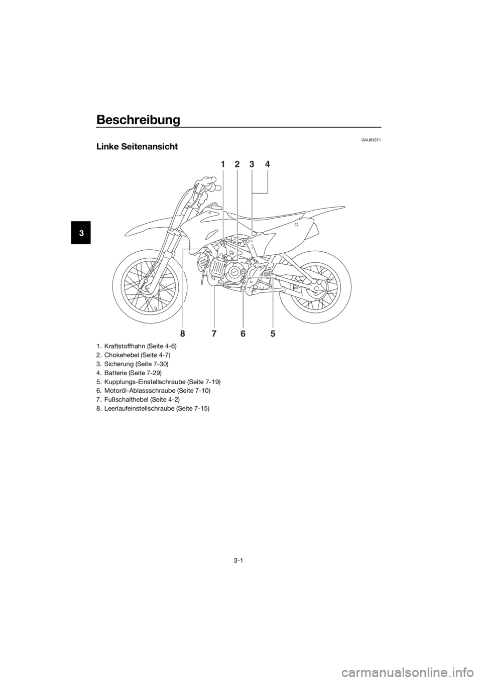 YAMAHA TT-R110E 2021  Betriebsanleitungen (in German) Beschreibung
3-1
3
GAU63371
Linke  Seitenansicht
678
123 45
1. Kraftstoffhahn (Seite 4-6)
2. Chokehebel (Seite 4-7)
3. Sicherung (Seite 7-30)
4. Batterie (Seite 7-29)
5. Kupplungs-Einstellschraube (Se