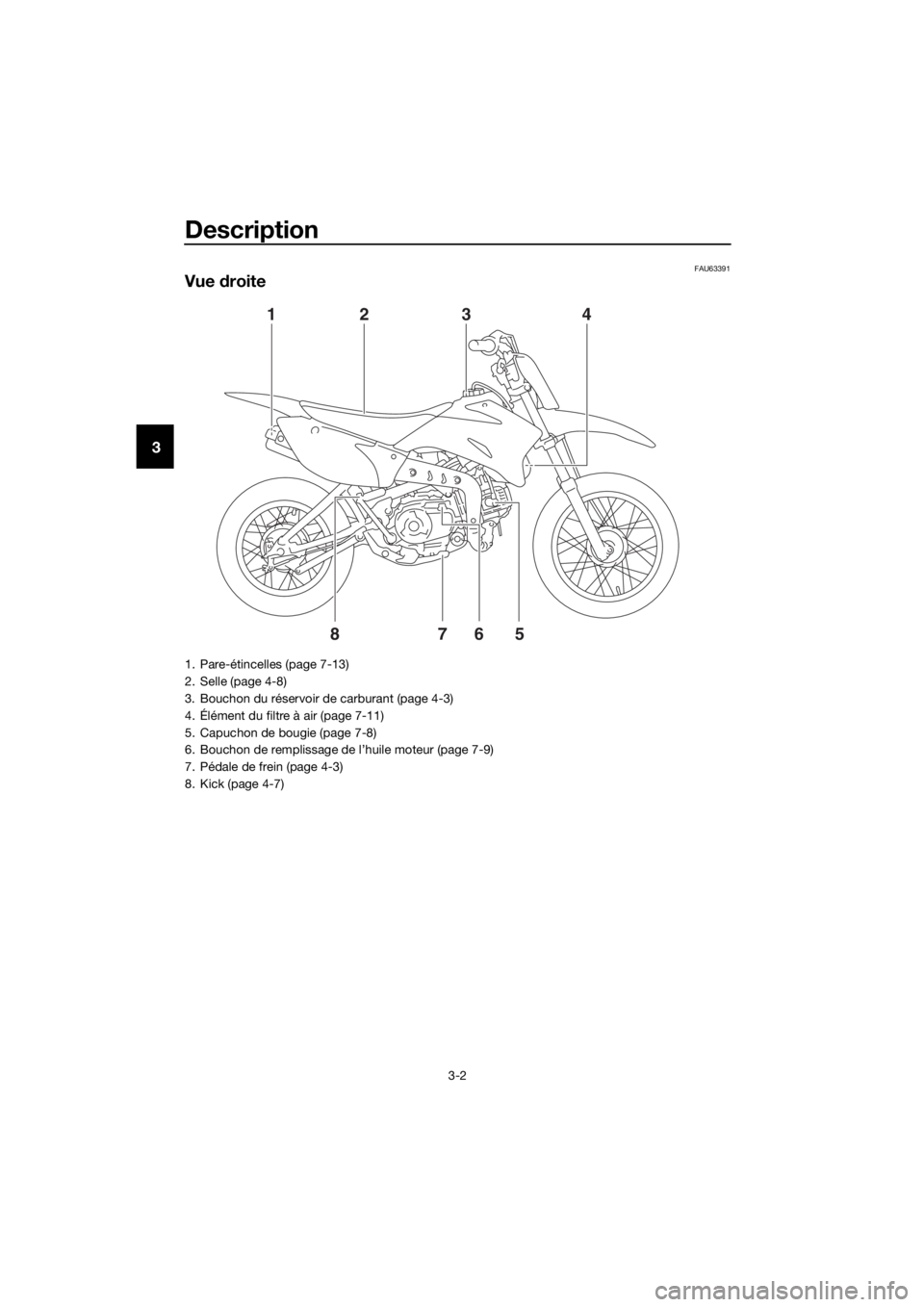 YAMAHA TT-R110E 2021  Notices Demploi (in French) Description
3-2
3
FAU63391
Vue droite
12 3 4
85 7
6
1. Pare-étincelles (page 7-13)
2. Selle (page 4-8)
3. Bouchon du réservoir de carburant (page 4-3)
4. Élément du filtre à air (page 7-11)
5. Ca