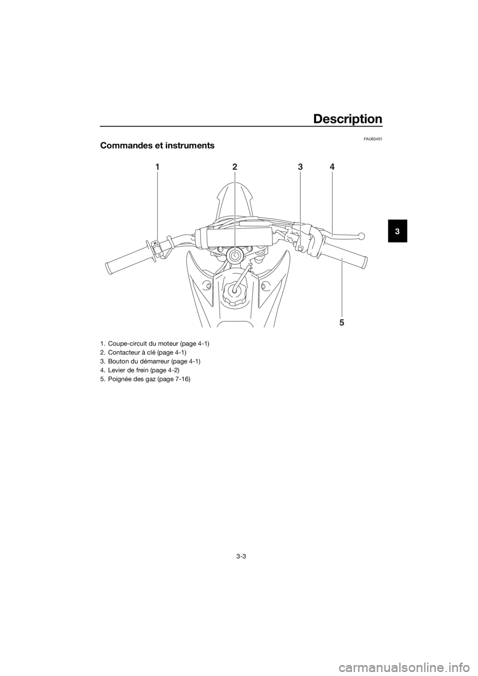 YAMAHA TT-R110E 2021  Notices Demploi (in French) Description
3-3
3
FAU63401
Commandes et instruments
123 4
5
1. Coupe-circuit du moteur (page 4-1)
2. Contacteur à clé (page 4-1)
3. Bouton du démarreur (page 4-1)
4. Levier de frein (page 4-2)
5. P