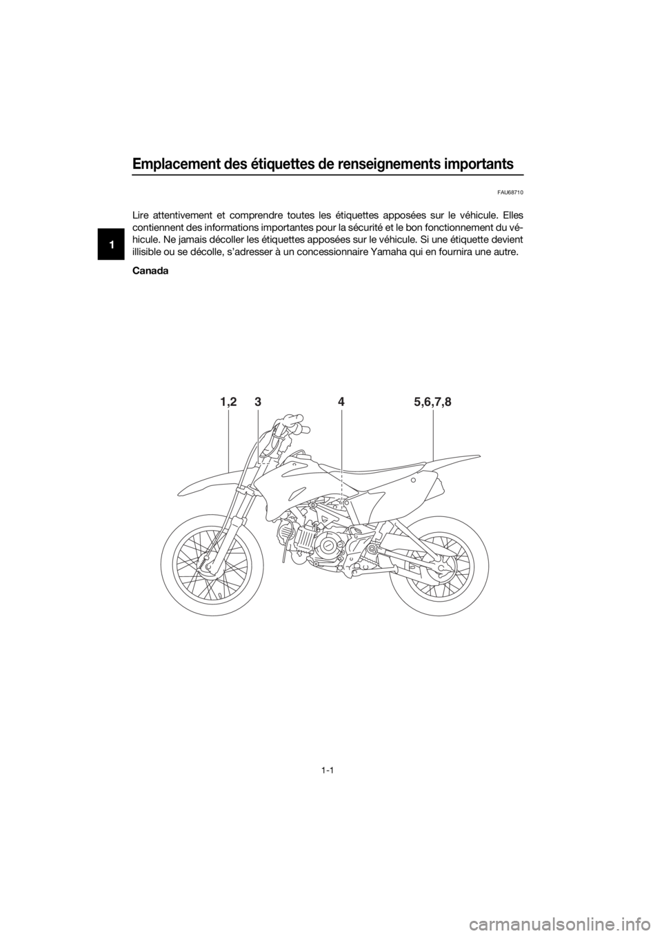 YAMAHA TT-R110E 2021  Notices Demploi (in French) Emplacement des étiquettes  de renseignements importants
1-1
1
FAU68710
Lire attentivement et comprendre toutes les étiquettes apposées sur le véhicule. Elles
contiennent des informations importan