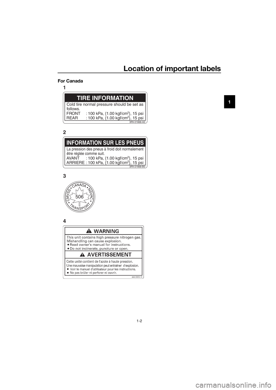 YAMAHA TT-R110E 2020 User Guide Location of important labels
1-2
1
For Cana
da
CMVSSCANADANSVAC
TRANSPORT
506
3RV-21668-A0
TIRE INFORMATION
Cold tire normal pressure should be set as
follows.
FRONT
REAR 100 kPa, {1.00 kgf/cm
2}, 15 YAMAHA TT-R110E 2020 User Guide Location of important labels
1-2
1
For Cana
da
CMVSSCANADANSVAC
TRANSPORT
506
3RV-21668-A0
TIRE INFORMATION
Cold tire normal pressure should be set as
follows.
FRONT
REAR 100 kPa, {1.00 kgf/cm
2}, 15