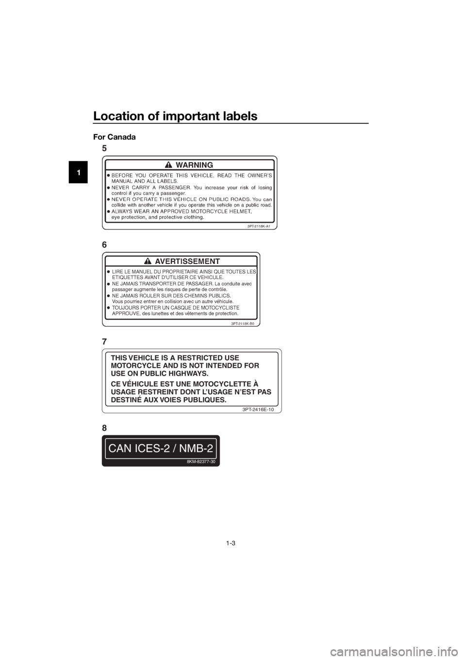 YAMAHA TT-R110E 2020 User Guide Location of important labels
1-3
1 For Cana
da
THIS VEHICLE IS A RESTRICTED USE
MOTORCYCLE AND IS NOT INTENDED FOR
USE ON PUBLIC HIGHWAYS.
CE VÉHICULE EST UNE MOTOCYCLETTE À
USAGE RESTREINT DONT L YAMAHA TT-R110E 2020 User Guide Location of important labels
1-3
1 For Cana
da
THIS VEHICLE IS A RESTRICTED USE
MOTORCYCLE AND IS NOT INTENDED FOR
USE ON PUBLIC HIGHWAYS.
CE VÉHICULE EST UNE MOTOCYCLETTE À
USAGE RESTREINT DONT L