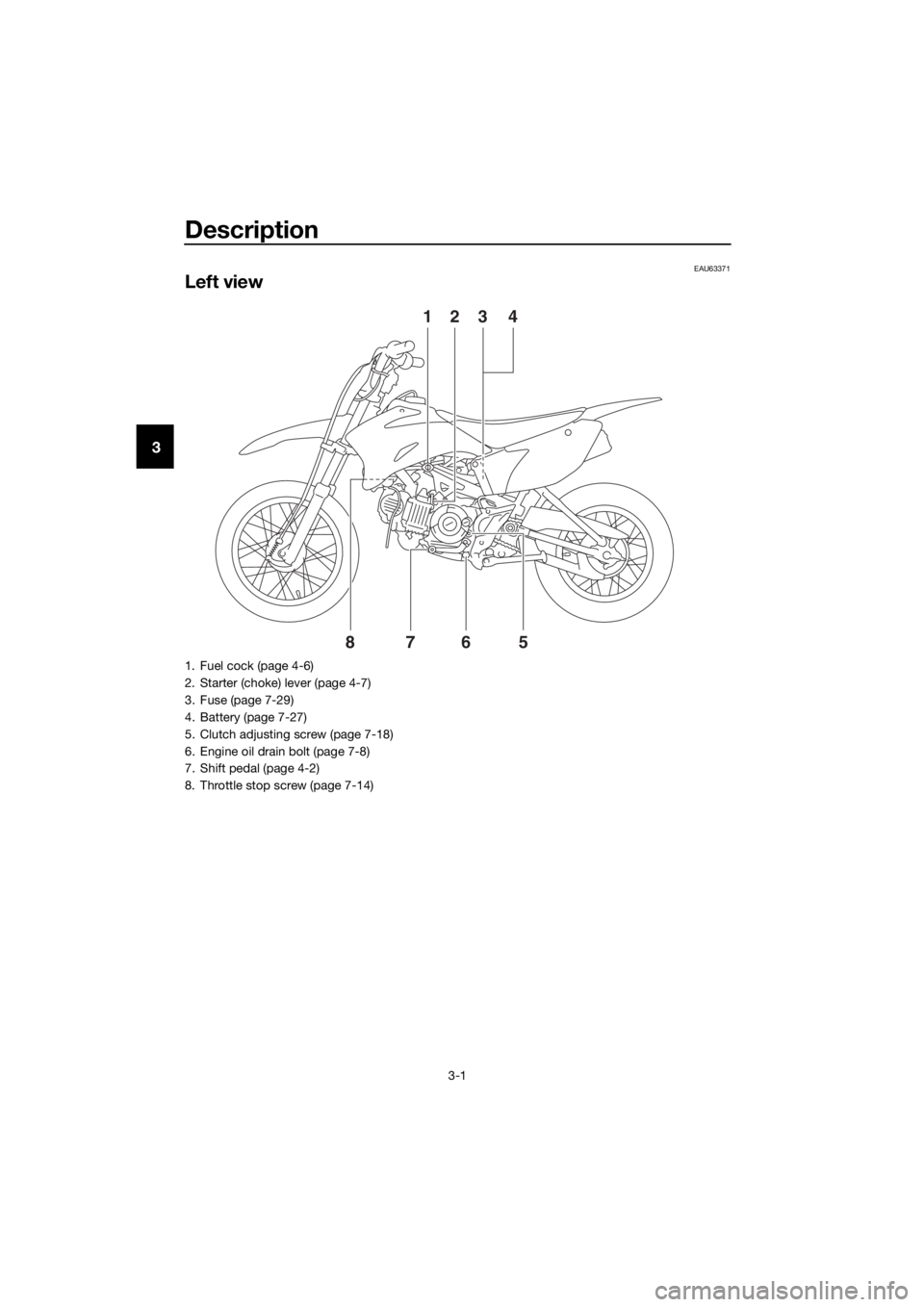 YAMAHA TT-R110E 2020  Owners Manual Description
3-1
3
EAU63371
Left view
678
123 45
1. Fuel cock (page 4-6)
2. Starter (choke) lever (page 4-7)
3. Fuse (page 7-29)
4. Battery (page 7-27)
5. Clutch adjusting screw (page 7-18)
6. Engine o