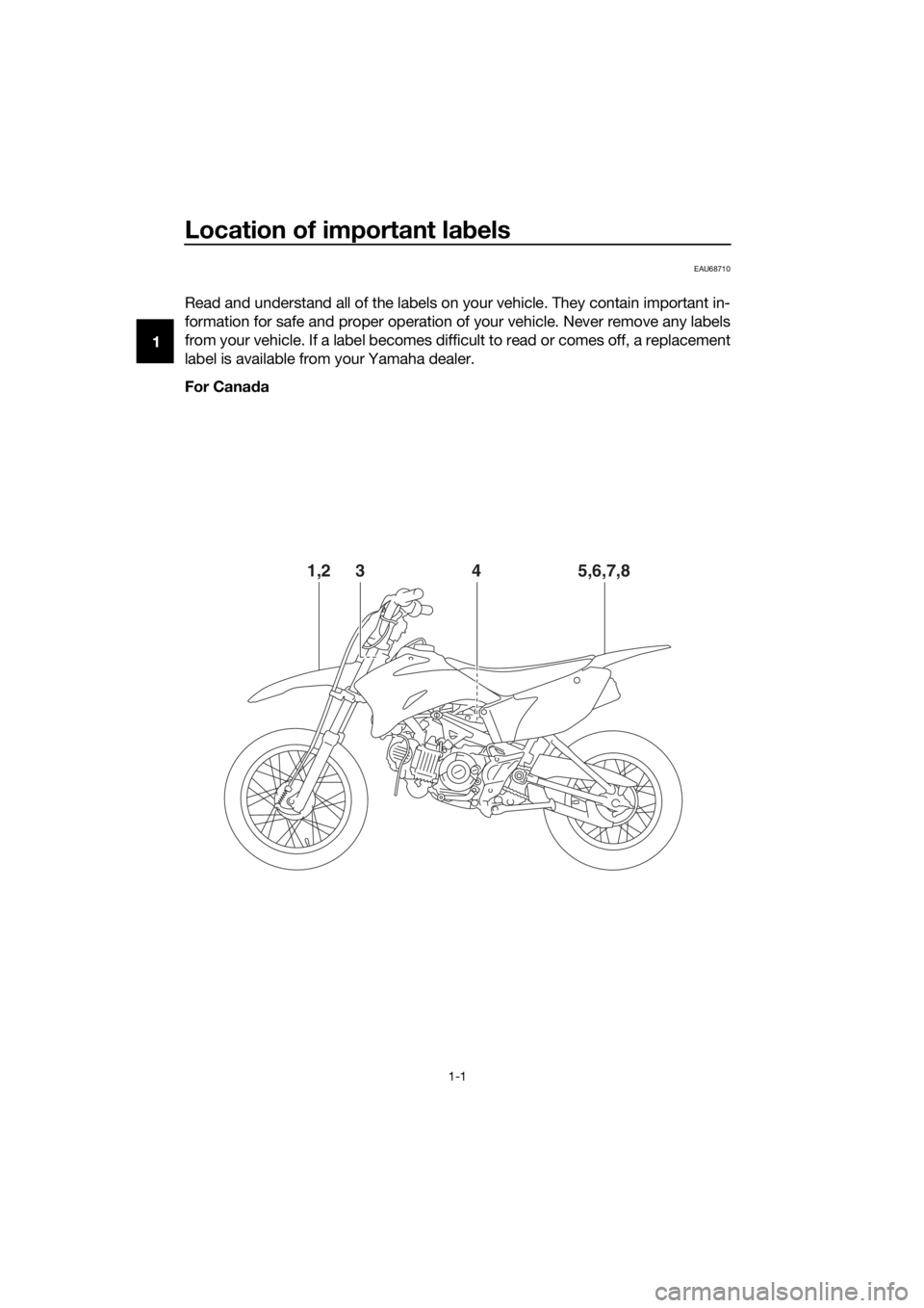 YAMAHA TT-R110E 2020 Owners Manual Location of important labels
1-1
1
EAU68710
Read and understand all of the labels on your vehicle. They contain important in-
formation for safe and proper operation of your vehicle. Never remove any YAMAHA TT-R110E 2020 Owners Manual Location of important labels
1-1
1
EAU68710
Read and understand all of the labels on your vehicle. They contain important in-
formation for safe and proper operation of your vehicle. Never remove any