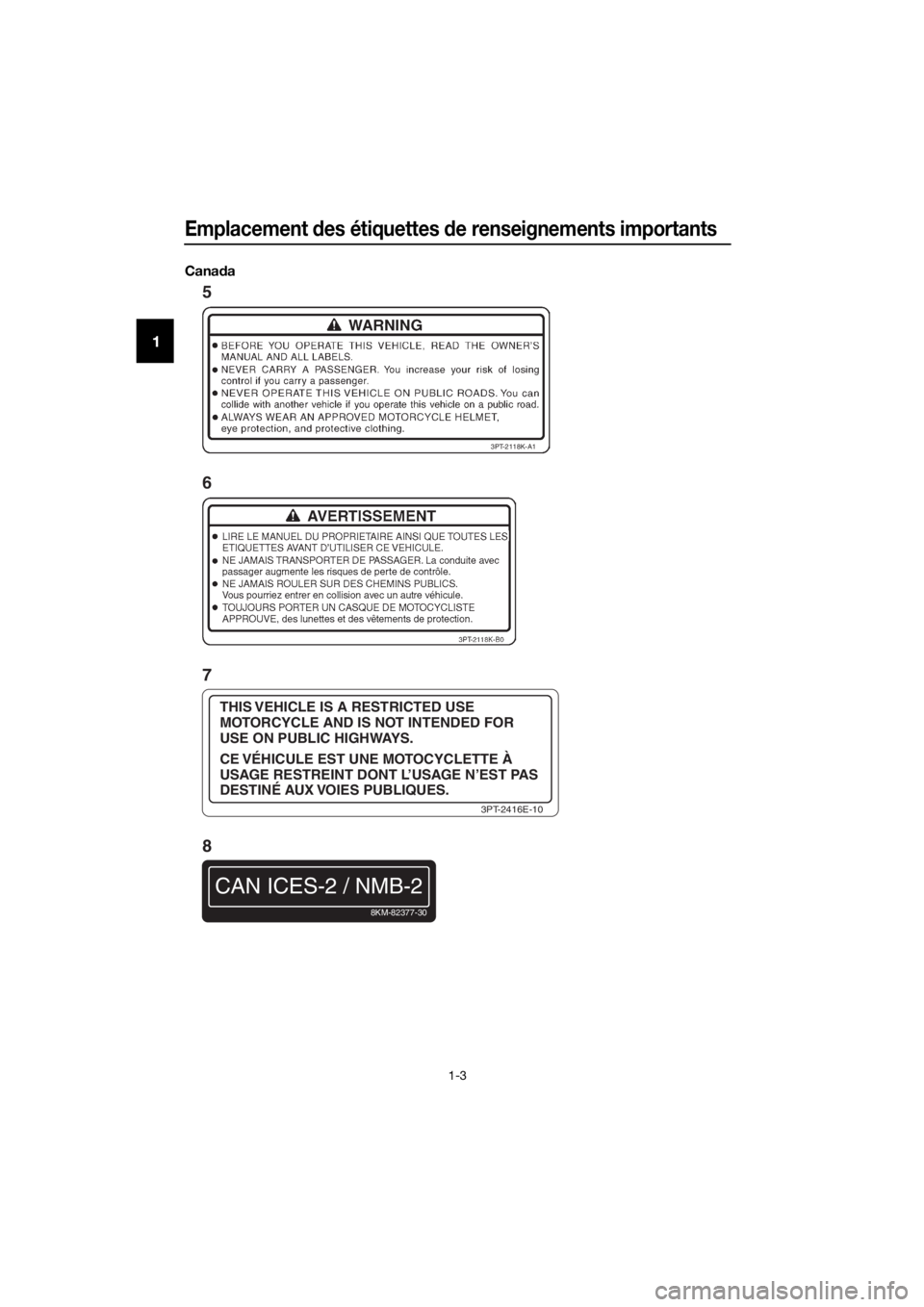 YAMAHA TT-R110E 2019  Notices Demploi (in French) Emplacement des étiquettes  de renseignements importants
1-3
1
Cana da
THIS VEHICLE IS A RESTRICTED USE
MOTORCYCLE AND IS NOT INTENDED FOR
USE ON PUBLIC HIGHWAYS.
CE VÉHICULE EST UNE MOTOCYCLETTE À