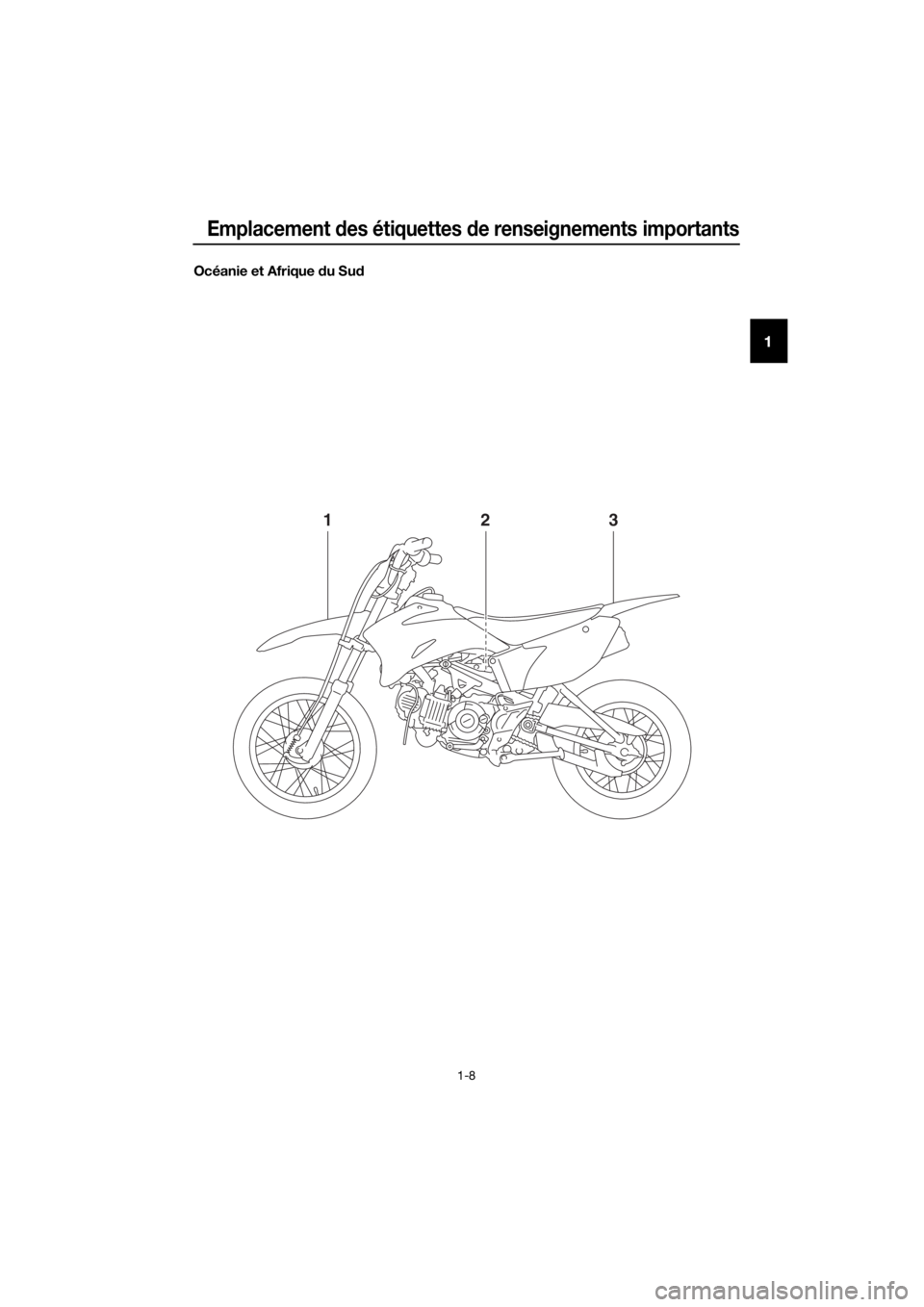 YAMAHA TT-R110E 2019  Notices Demploi (in French) Emplacement des étiquettes  de renseignements importants
1-8
1
Océanie et Afrique  du Su d
132
UB5183F0.book  Page 8  Monday, June 5, 2017  10:08 AM 