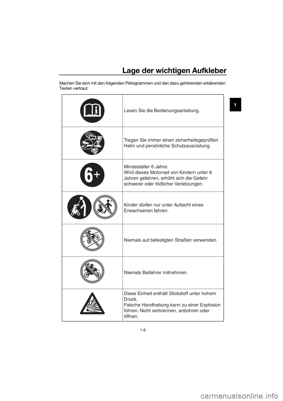 YAMAHA TT-R110E 2018  Betriebsanleitungen (in German) Lage  der wichti gen Aufkle ber
1-6
1
Machen Sie sich mit den folgenden Piktogrammen und den dazu gehörenden erklärenden 
Texten vertraut.
Lesen Sie die Bedien ungsanleitung.
Tragen Sie immer einen 