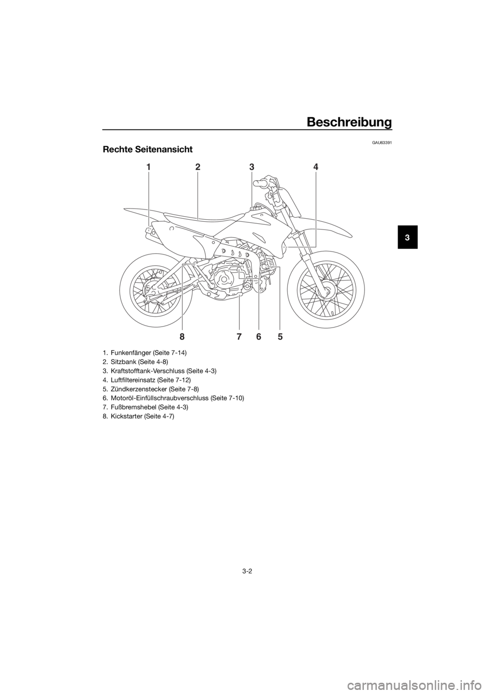 YAMAHA TT-R110E 2018 Betriebsanleitungen (in German) Beschreibun g
3-2
3
GAU63391
Rechte Seitenansicht
12 3 4
85 7
6
1. Funkenfänger (Seite 7-14)
2. Sitzbank (Seite 4-8)
3. Kraftstofftank-Verschluss (Seite 4-3)
4. Luftfiltereinsatz (Seite 7-12)
5. Zü YAMAHA TT-R110E 2018 Betriebsanleitungen (in German) Beschreibun g
3-2
3
GAU63391
Rechte Seitenansicht
12 3 4
85 7
6
1. Funkenfänger (Seite 7-14)
2. Sitzbank (Seite 4-8)
3. Kraftstofftank-Verschluss (Seite 4-3)
4. Luftfiltereinsatz (Seite 7-12)
5. Zü